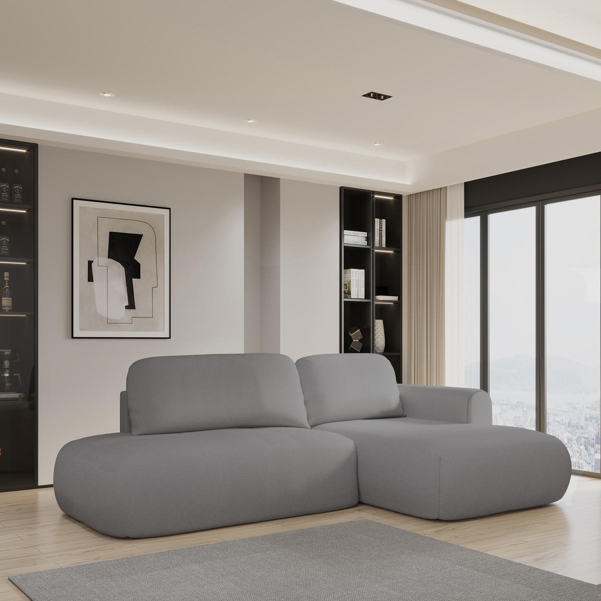 ECKSOFA NUVIRA R-S Grau Geflochtener Stoff mit Schlaffunktion - Grau, Holz (274/165cm) - MASSENO