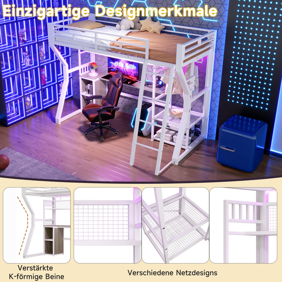HOCHBETT 90/200 cm Weiß mit Lichtleiste und Steckdose - Weiß, Metall (90/200cm) - MIVRAY