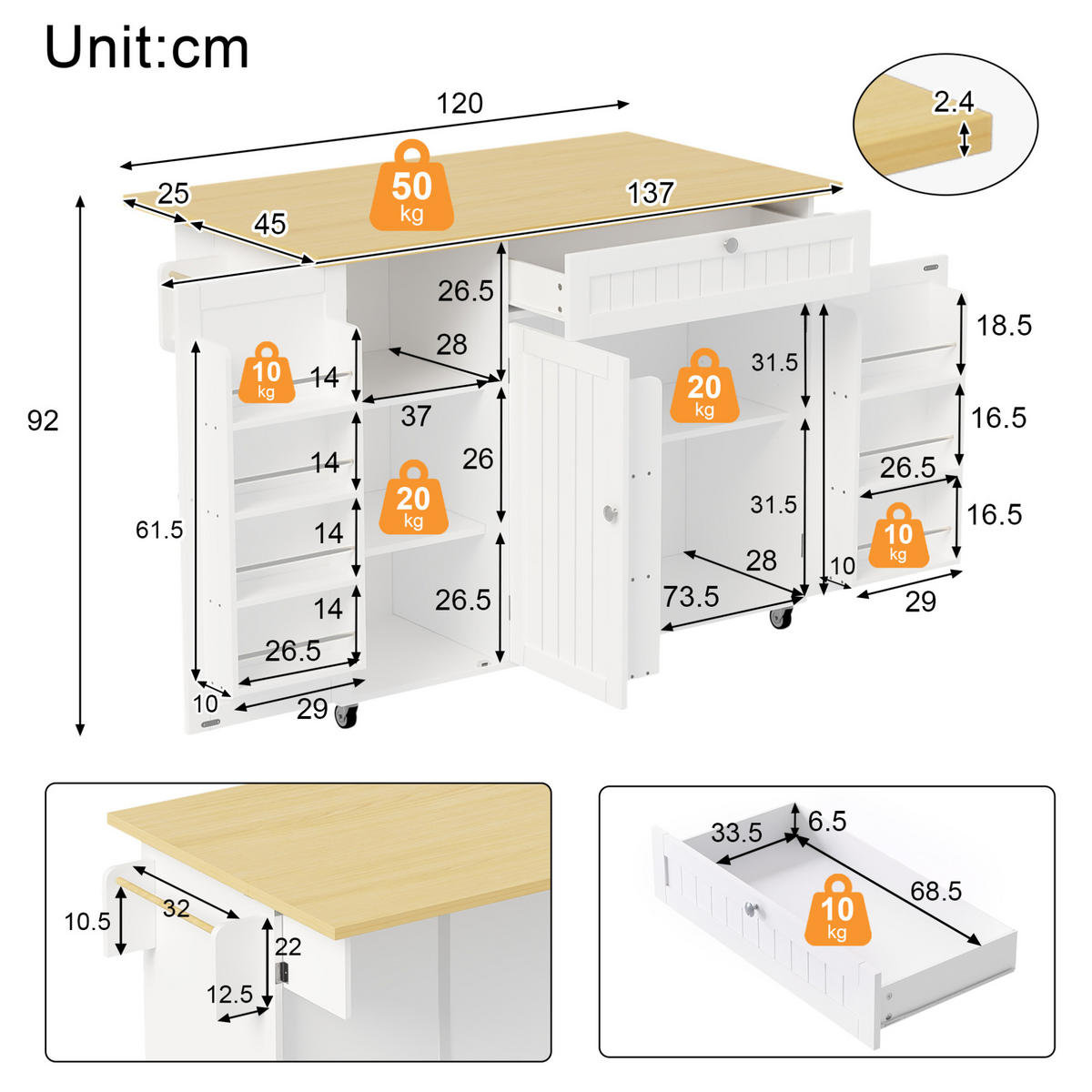 KÜCHENWAGEN mit Klappplatte, Schublade und Stauraum 120 x 70/45 x 92 cm Natural White - Naturfarben, Holz (70/92/120cm) - Beauniv