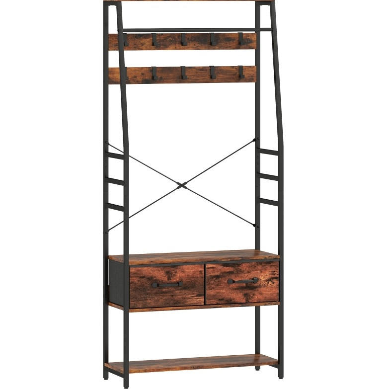 GARDEROBE 30/80/180 cm braun aus Holz und Metall mit Sitzbank und 10 Haken - Braun, Holz (80/180/30cm) - OKWISH
