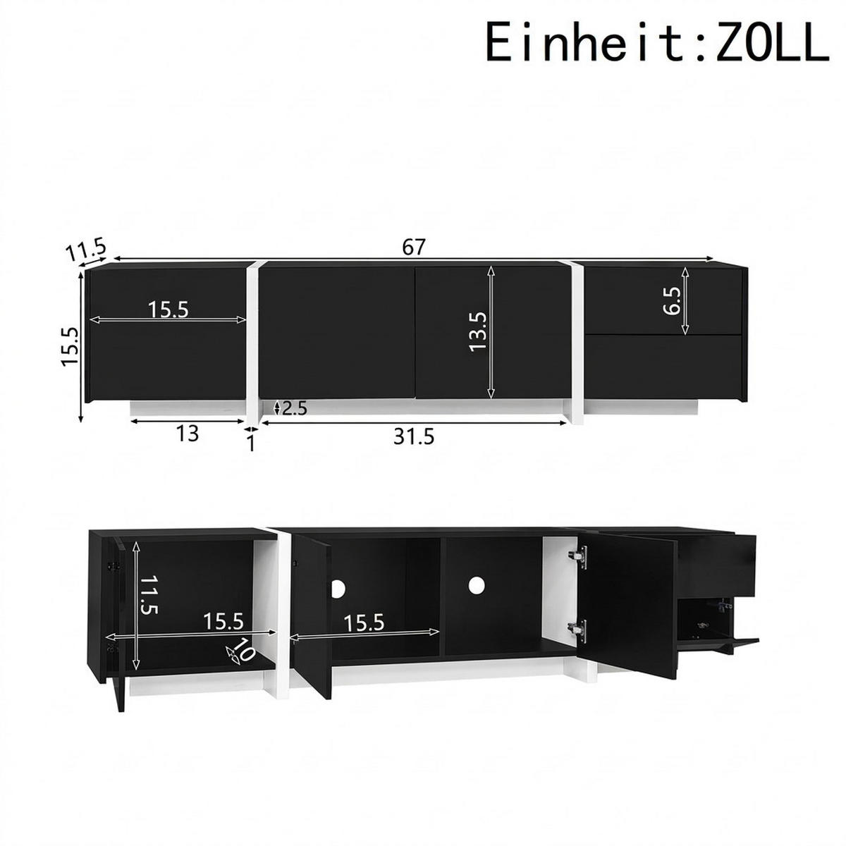 TV-SCHRANK 170/30/39 cm Schwarz-Weiß Hochglanz mit LED und 3 Türen - Schwarz, Holzwerkstoff (170/39/30cm) - Oxeza