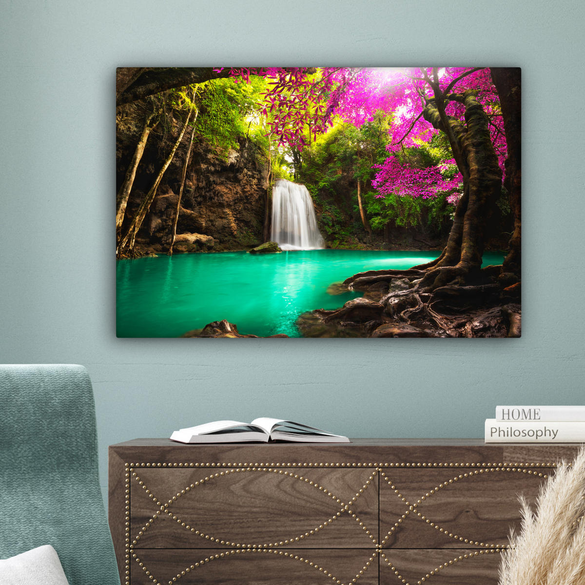 LEINWANDBILD Wasserfall mit bunten Blumen und Bäumen - Natur - Dschungel Wanddeko 90x60 cm - Waldgrün, Textil (90/60cm) - MuchoWow