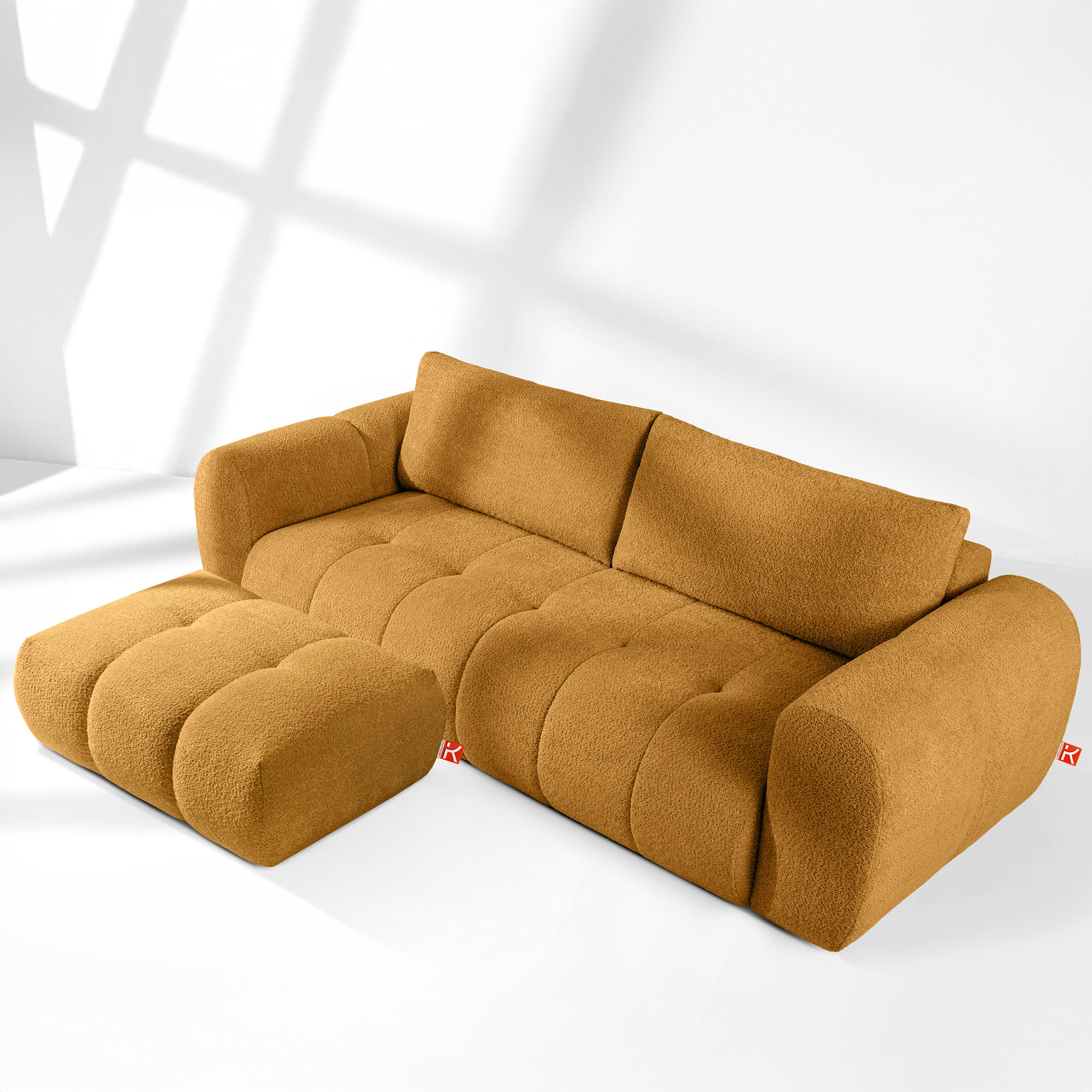 SOFA LIRA mit Pouf, Honigfarben, Bouclé - Honig, Holz/Holzwerkstoff (96/43/50cm) - KONSIMO®