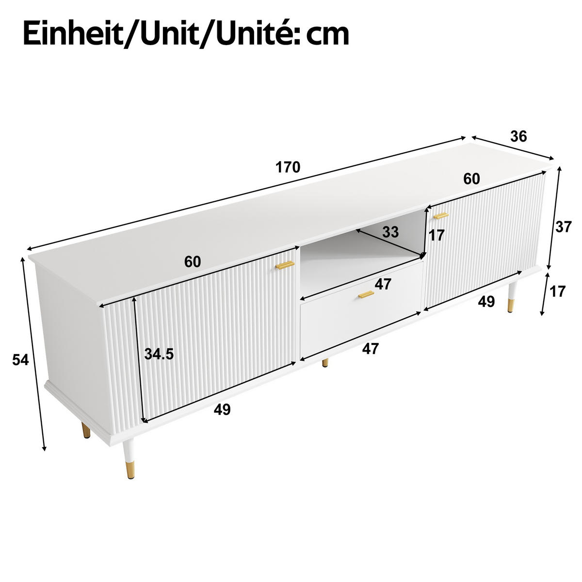 TV-LOWBOARD Weiß 170/36/54 cm - Weiß, Holzwerkstoff (170/54/36cm) - PANGIVO