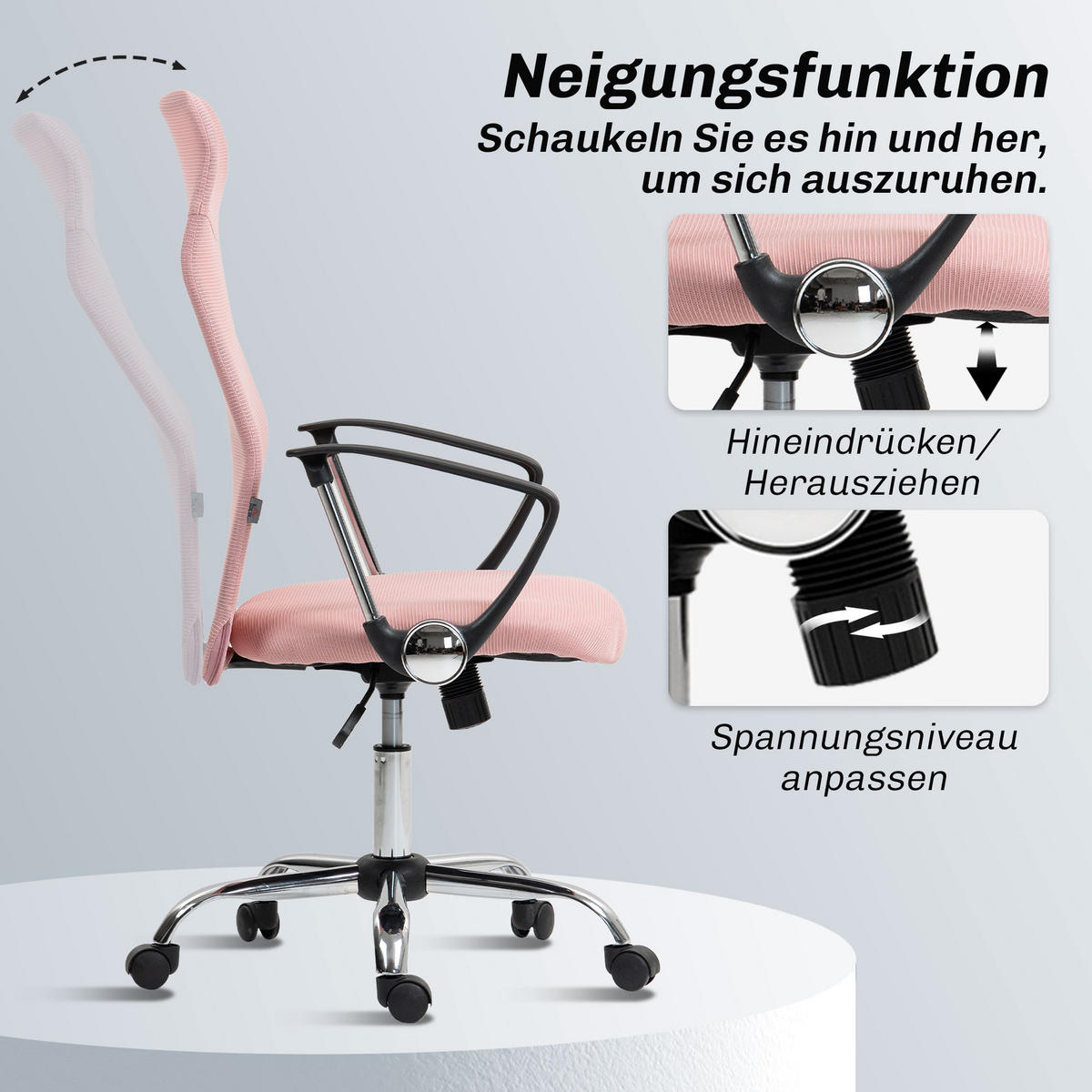 BÜROSTUHL Netz Stahl Rosa - Chromfarben/Schwarz, Kunststoff/Textil (65/119/63cm) - HOMCOM