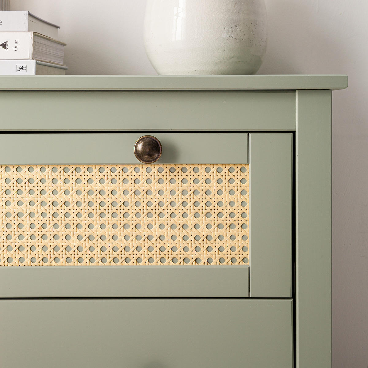 KOMMODE - Kiefer massiv / Wiener Geflecht - Olivgrün, Holz (76/100/40cm) - home24