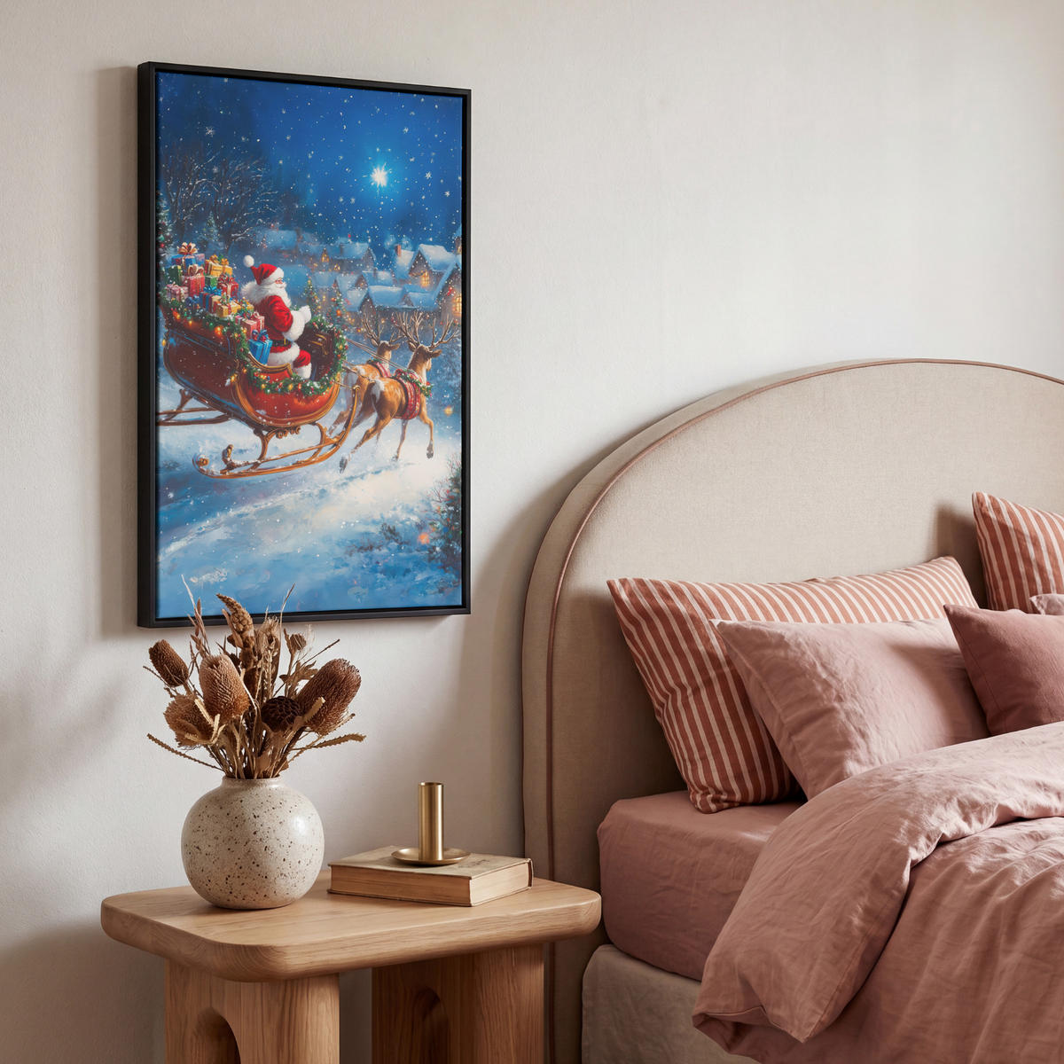 LEINWAND Bilder mit Rahmen - Weihnachtsmann - Rentier - Weihnachten - Schnee - 40x60 - Cognac, Textil (40/60cm) - MuchoWow