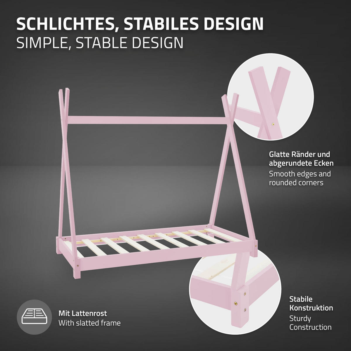 KINDERBETT Tipi mit Matratze 70x140 cm Rosa - Pink, Holz (70/140cm) - ML-DESIGN