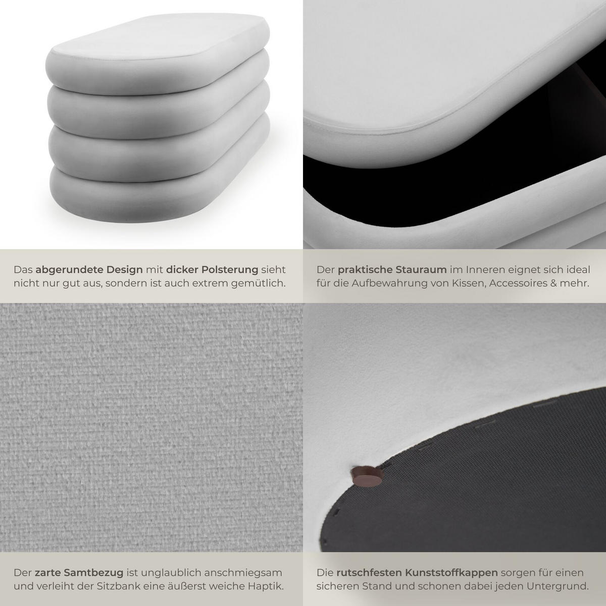 TRUHENBANK Altu,110 x 45 x 42 cm,Samtoptik grau - Samtahornfarben, Holz (110/42/45cm) - tectake