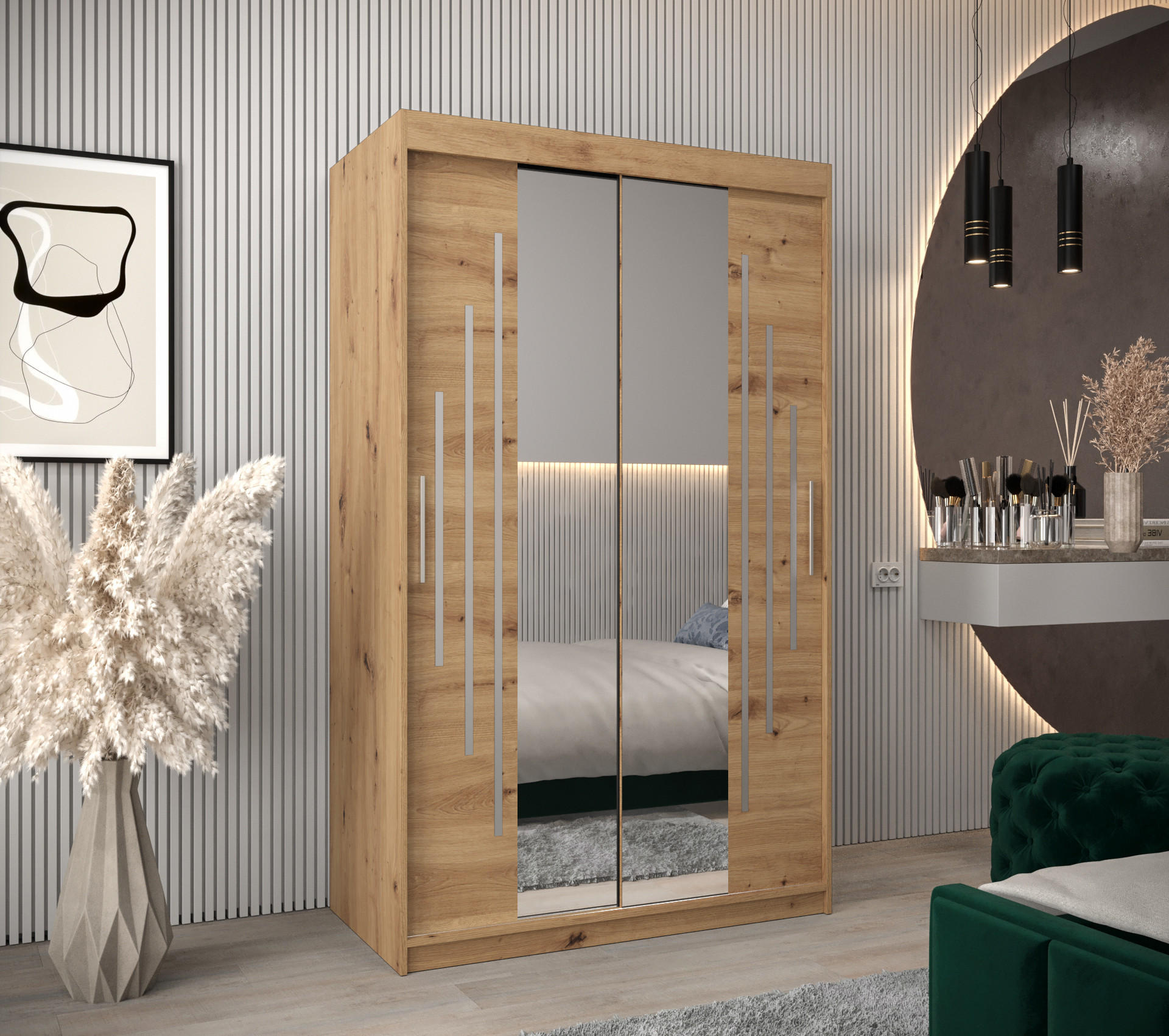 SCHWEBETÜRENSCHRANK 200/120/62 2-türig - Silberfarben/Eiche Artisan, Holz/Kunststoff (120/200/62cm) - Abiks Möbel