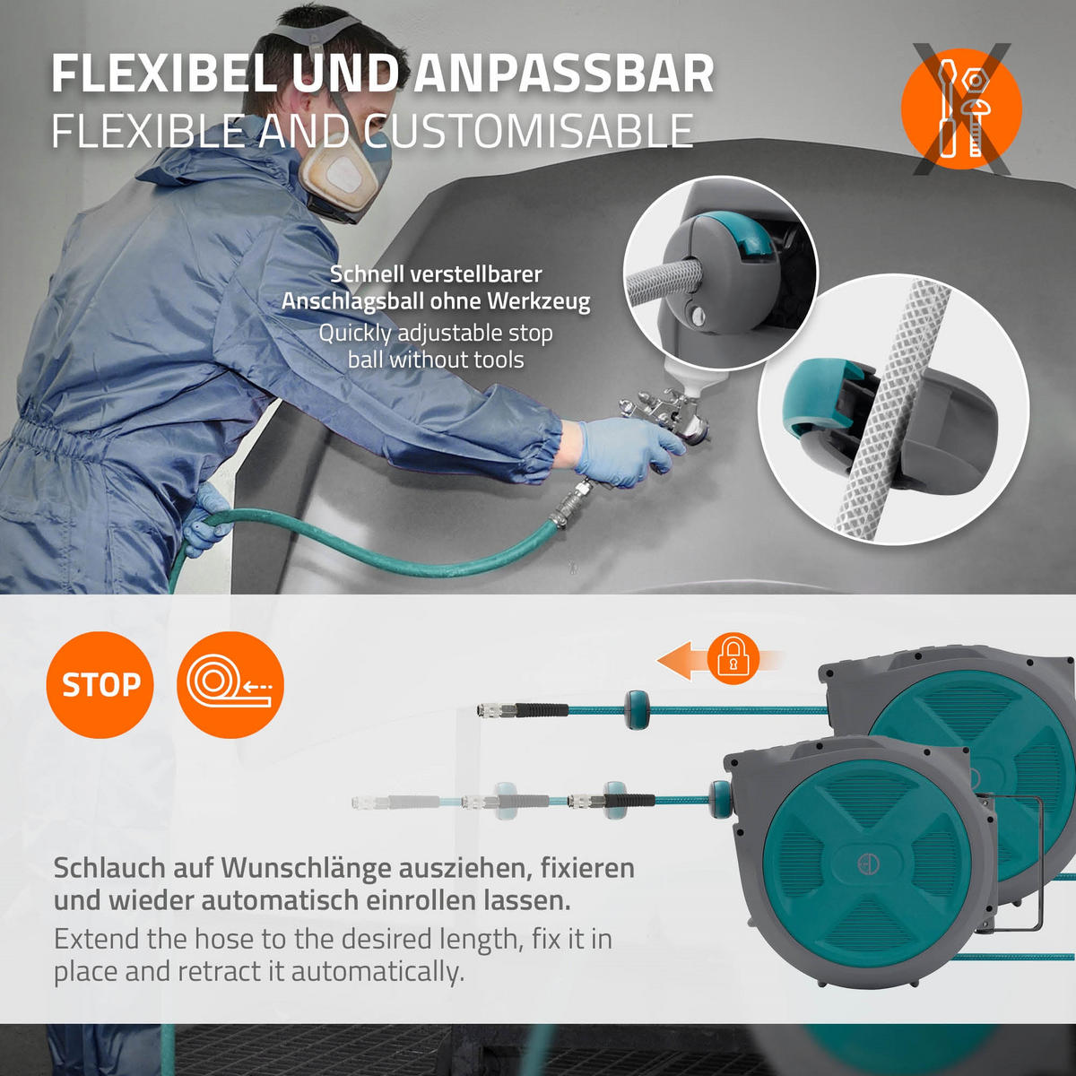 DRUCKLUFTSCHLAUCHTROMMEL 20m+2m - Grau, Kunststoff (17/34.5/47cm) - ECD-Germany