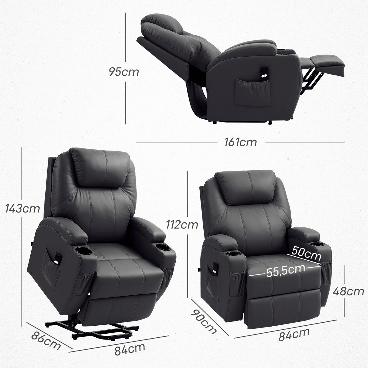 AUFSTEHSESSEL Fernsehsessel Sessel mit Aufstehhilfe Kunstleder Schwarz - Schwarz, Leder/Kunststoff (92/109/85cm) - HOMCOM