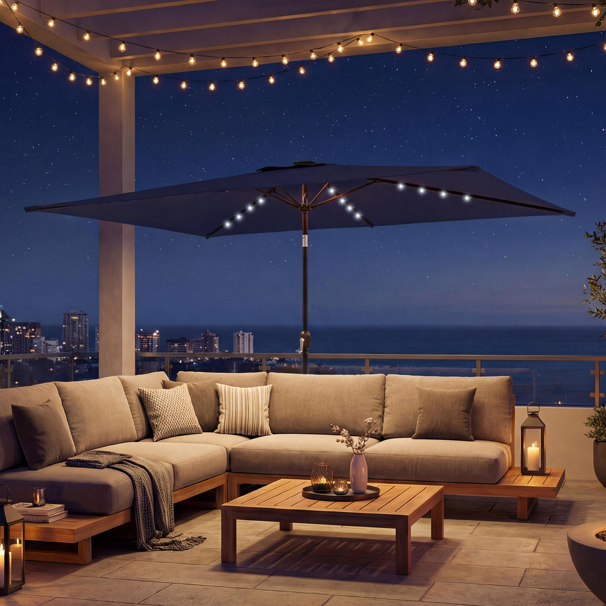 SONNESCHIRM mit Solar LED Marineblau 289/198/248 cm - Dunkelblau, Metall (198/289cm) - Outsunny