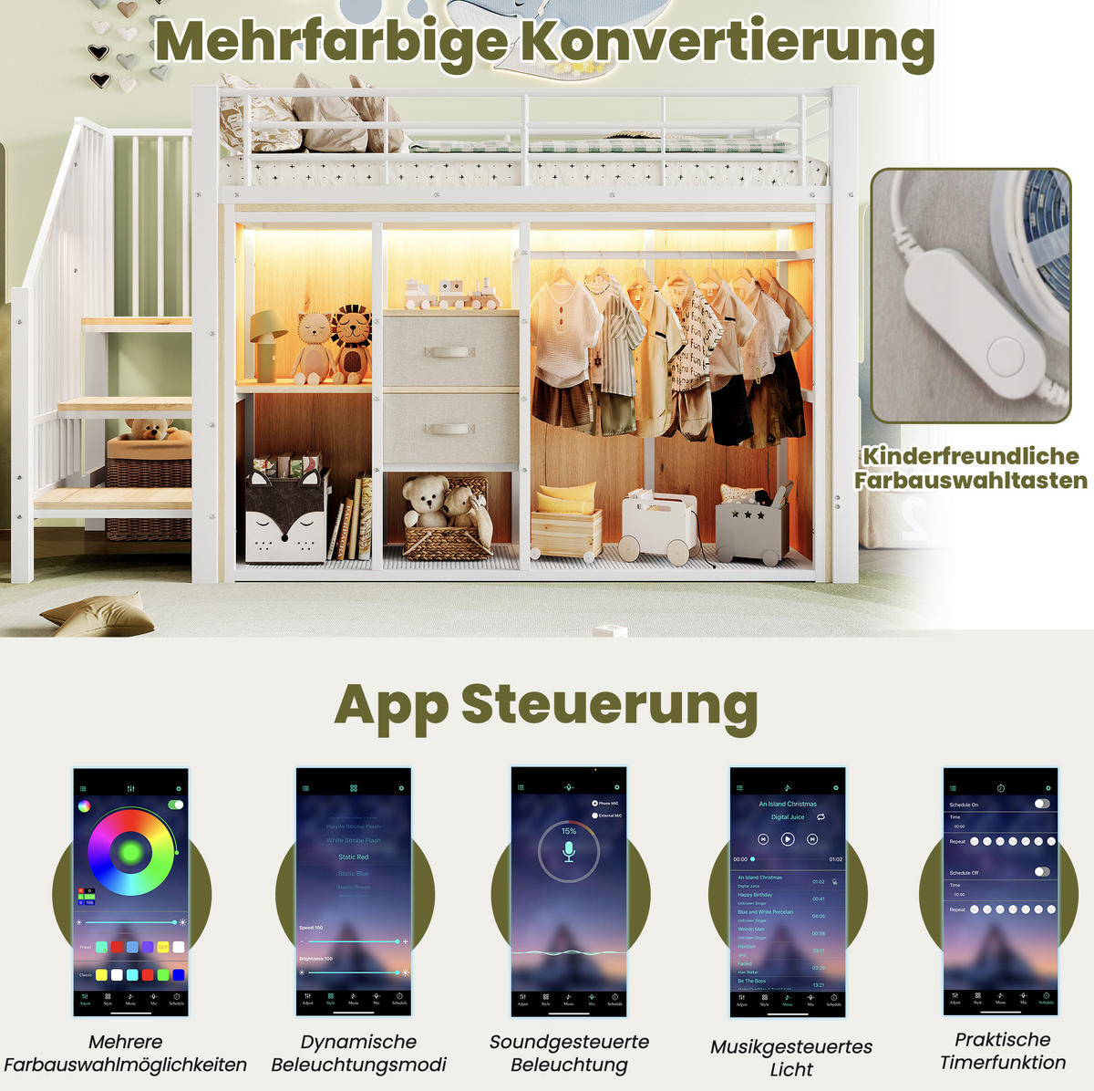 HOCHBETT 90/200 cm Weiß aus Metall und MDF mit LED-Beleuchtung und Stauraum - Weiß, Metall (90/200cm) - OKMYHOME