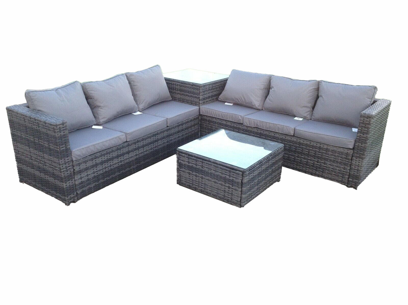 GARTENMÖBELSET mit Couchtisch Polyrattan 6-Sitzer - Dunkelgrau/Grau, Glas/Kunststoff - Fimous