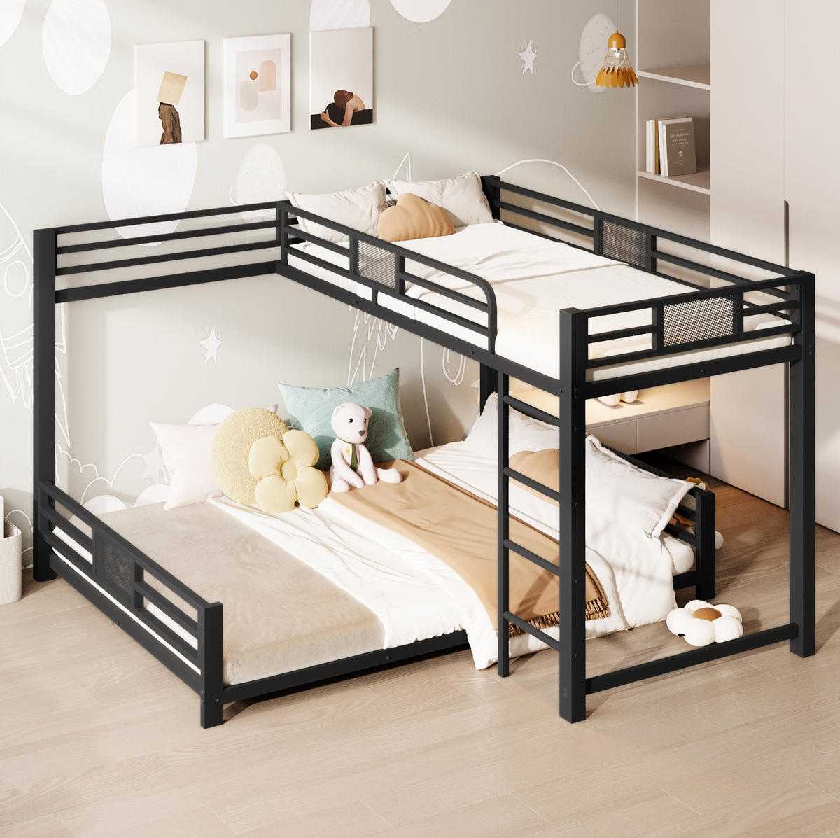 ETAGENBETT 140/200 cm schwarz aus Metall mit L-Form - Schwarz, Metall (140/200cm) - OKWISH