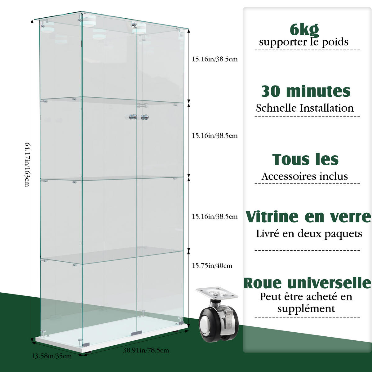VITRINE 163x78,5x35 cm, 2 Glastüren, LED, Weiß - Weiß, Holz (78/163/35cm)