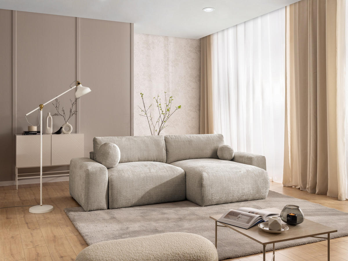 ECKSOFA Puffy mit Schlaffunktion und Bettkasten - besonders weich und puffig aus Dunkelbeige Chenille-Stoff - Ottomane rechts - Beige/Schwarz, Holz/Kunststoff (266/138cm) - S-Style Möbel