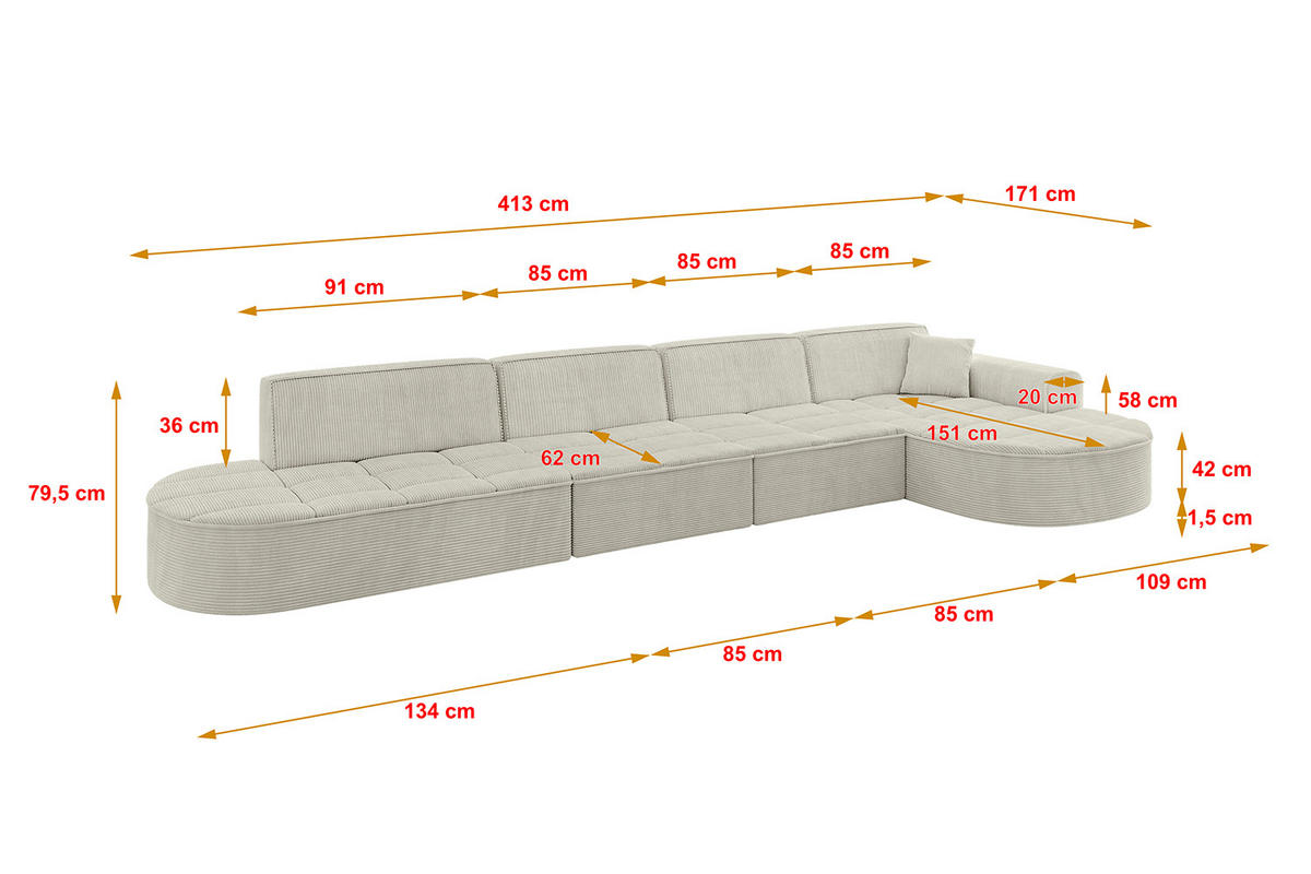 ECKSOFA Ottomane Rechts TARO-L3 - 413x171x79,5 cm Creme - Hellgrau/Creme, Holzwerkstoff/Textil (413/171cm) - ALTDECOR