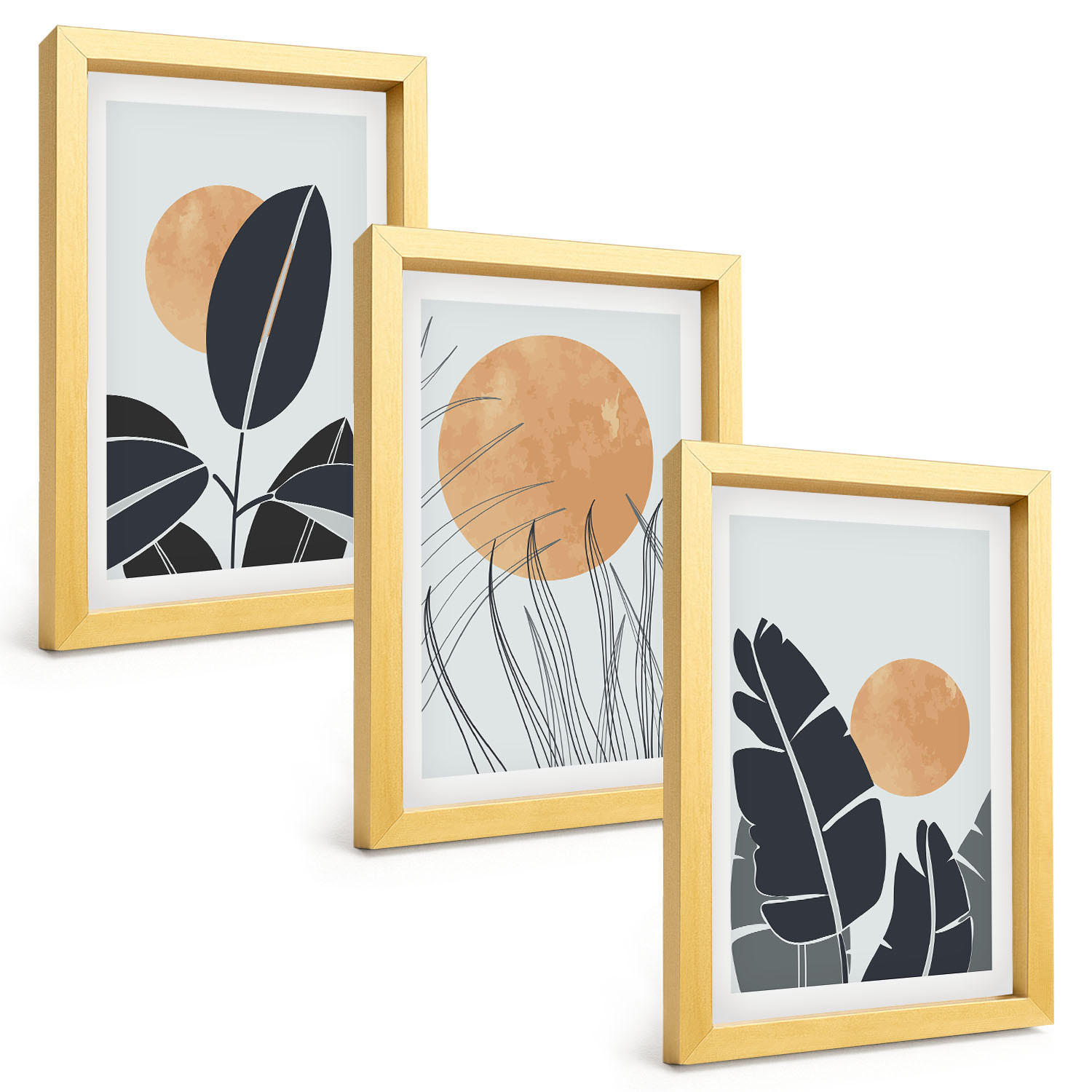 BILDER SET 3er Set - 20x30 cm Goldrahmen - Pflanzenmuster große Sonnen minimalistisch - Goldfarben, Kunststoff (20/30cm) - TULUP