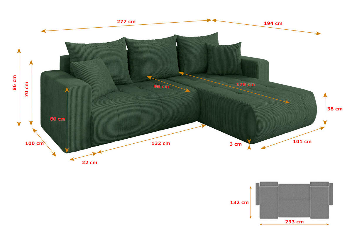 ROHOVÁ SEDAČKA s funkcí spaní, otoman vpravo MILA-L 277x194x86 zelená manšestr - černá/tmavě zelená, kompozitní dřevo/textil (277/194cm) - ALTDECOR