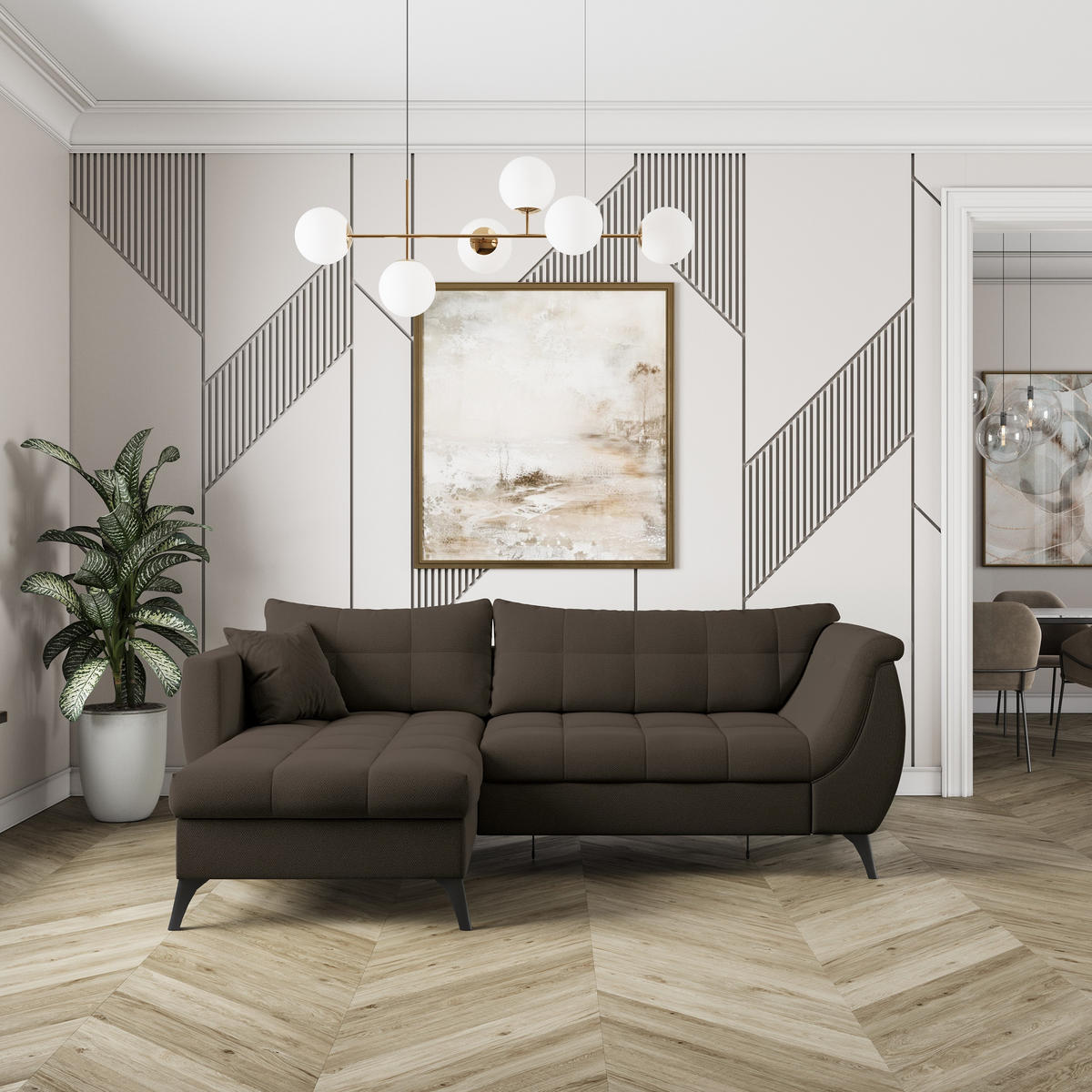 ECKSOFA MOLLIS Braun Geflochtener-Stoff mit Schlaffunktion - Braun, Holz (241/154cm) - MASSENO