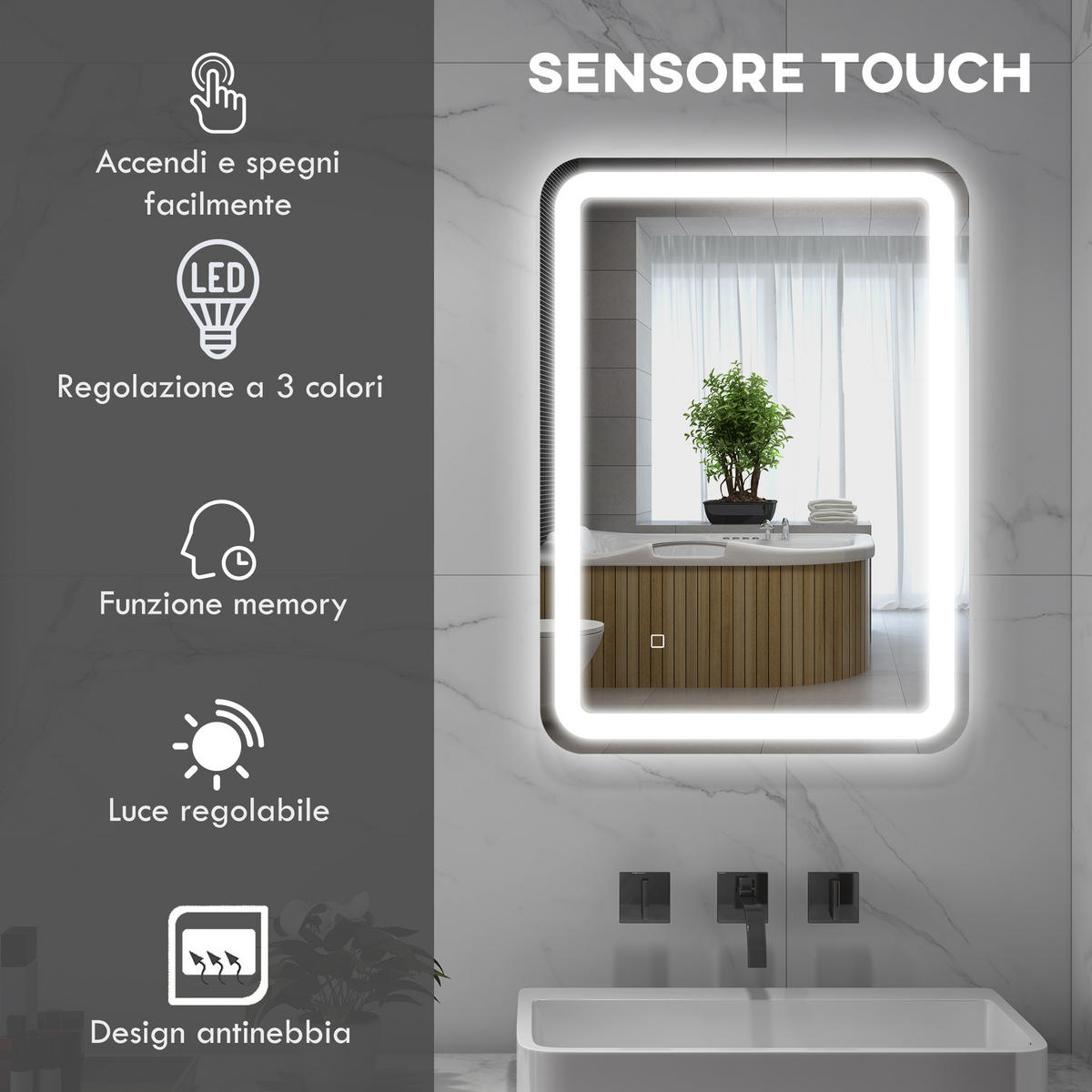 BADSPIEGEL mit Touch-Schalter, 3-farbiger LED-Beleuchtung, 70 x 50 cm - Silberfarben, Glas (70/50/4cm) - Vallsero