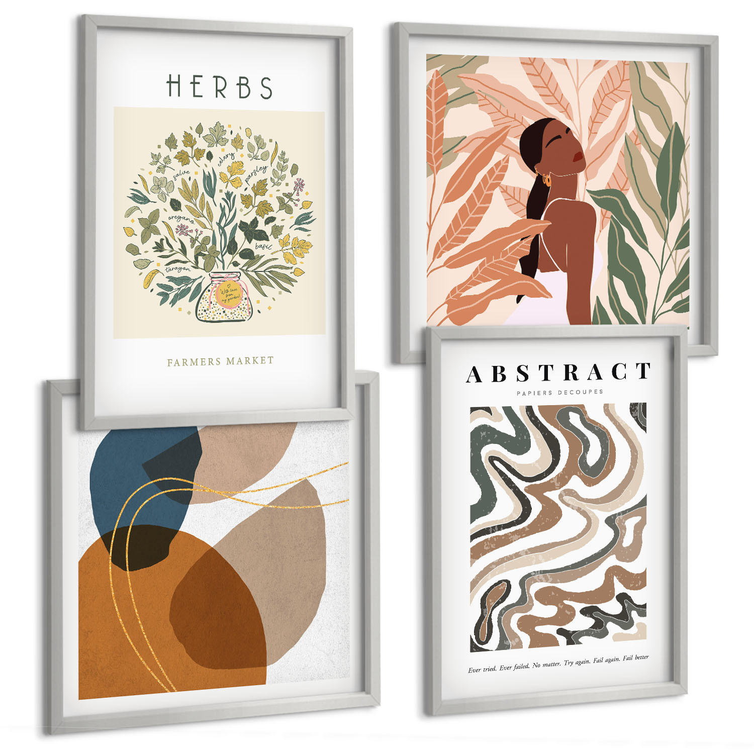 BILDER SET 4er Set - 50x50 cm & 40x60 cm Silberner Rahmen - Boho-Ästhetik, Pastellposter - Silberfarben, Kunststoff (50/50cm) - TULUP