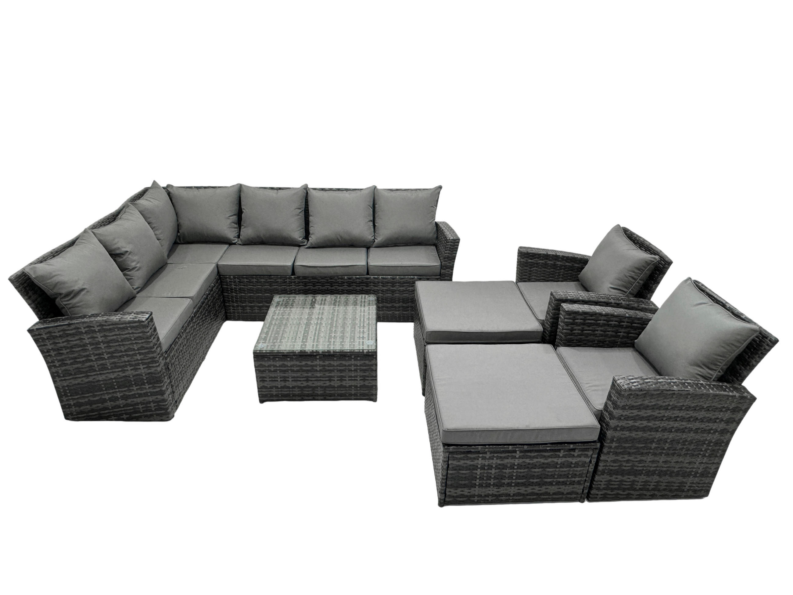 BALKONMÖBEL-SETS mit Ecksofa,Quadratischer Couchtisch,2 Sesseln,2 Hockern Polyrattan Dunkelgrau 10-Sitzer - Dunkelgrau/Grau, Glas/Kunststoff - Fimous