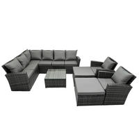 BALKONMÖBEL-SETS mit Ecksofa,Quadratischer Couchtisch,2 Sesseln,2 Hockern Polyrattan Dunkelgrau 10-Sitzer - Dunkelgrau/Grau, Glas/Kunststoff - Fimous
