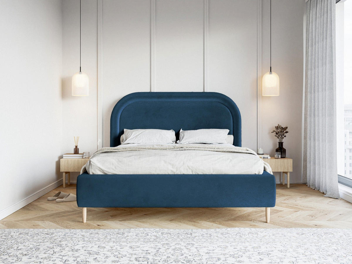 POLSTERBETT Loreo Dunkelblau Samt wasserfest 160x200 cm - Beige/Dunkelblau, Holz/Textil (160/200cm) - Selsey