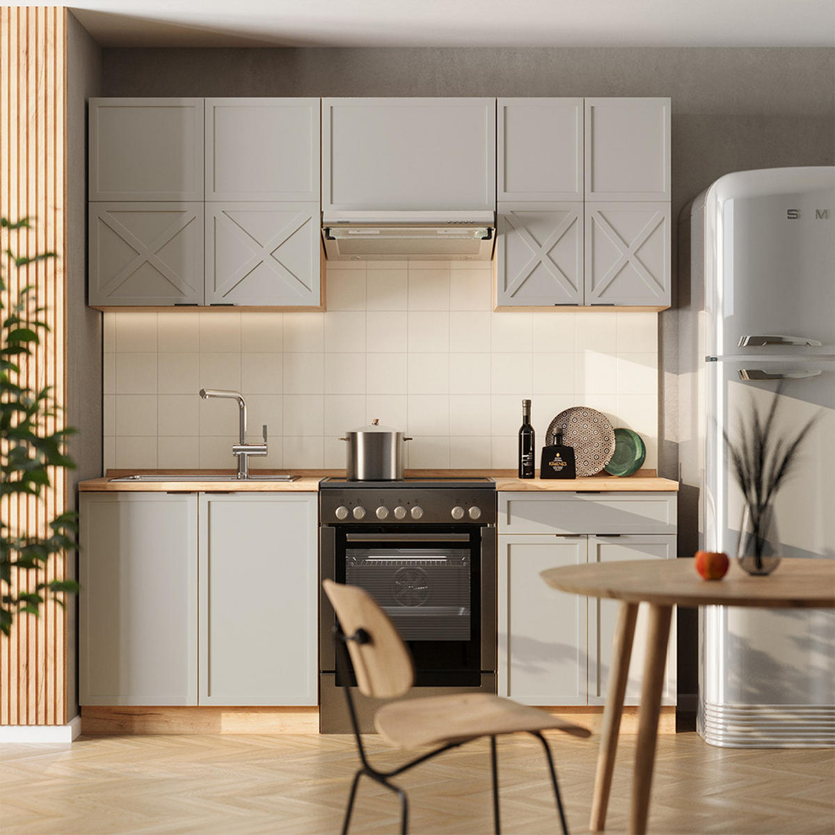 KÜCHENZEILE Fame-Line GrauBeige/Goldkraft Eiche 200 cm, AP Marmor - Honigeiche/Grau, Holzwerkstoff (200/81.6/60cm) - Vicco