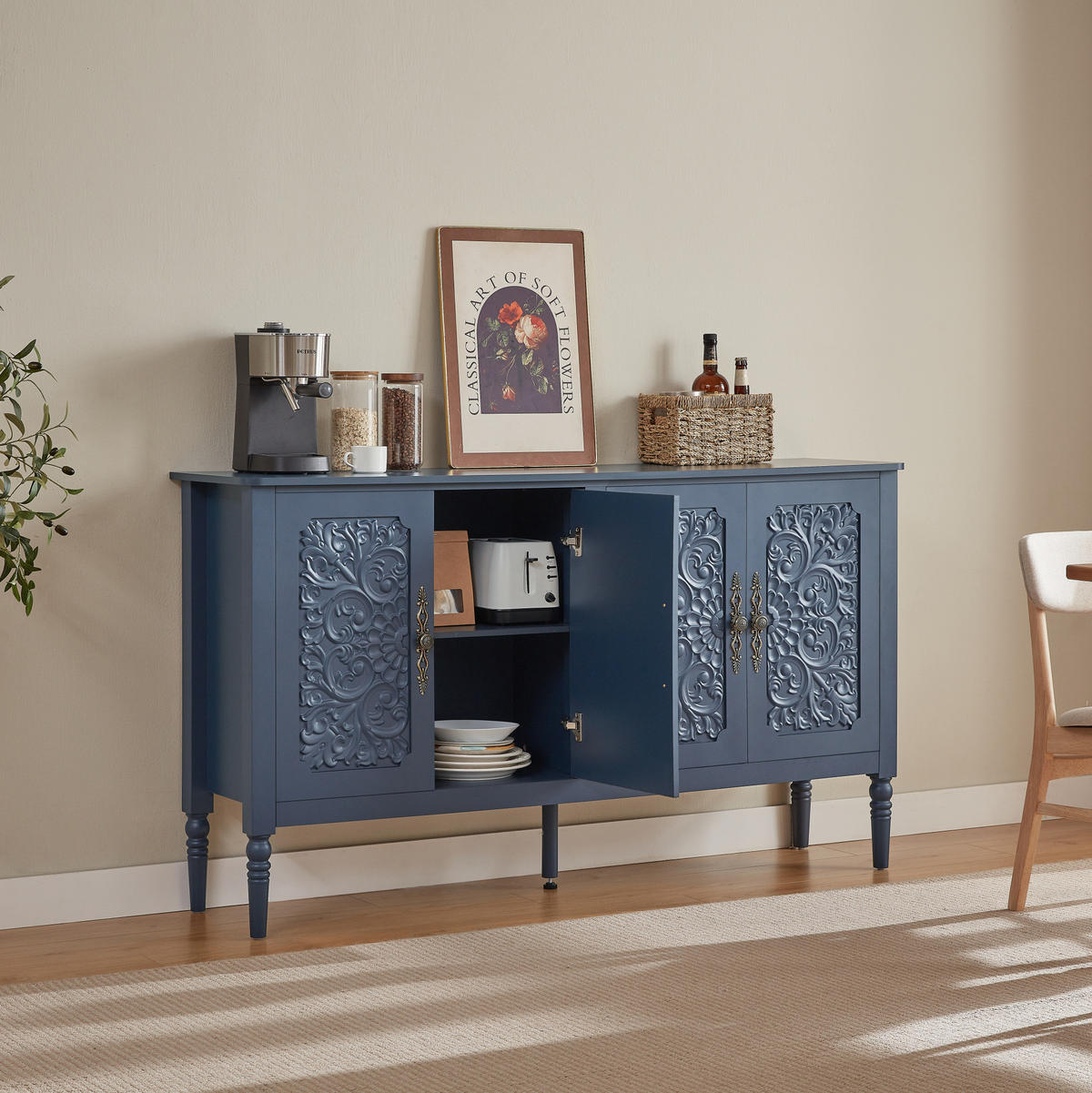 SIDEBOARD aus Spanplatte und MDF 160x40x89 cm Navyblau mit Reliefdekor und Stauraum - Dunkelblau, Holzwerkstoff (160/89/40cm) - IVMEU