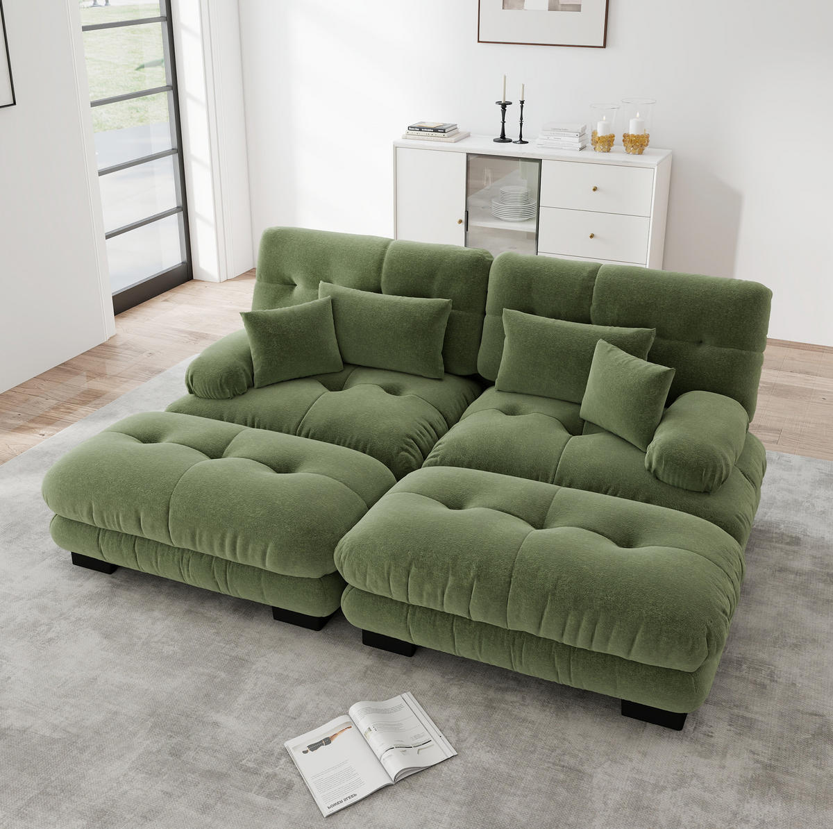 SOFA modular Chenille Green mit 2 Ottomans und 4 Kissen - Grün, Kunststoff (145/81/220.1cm) - Meubliv