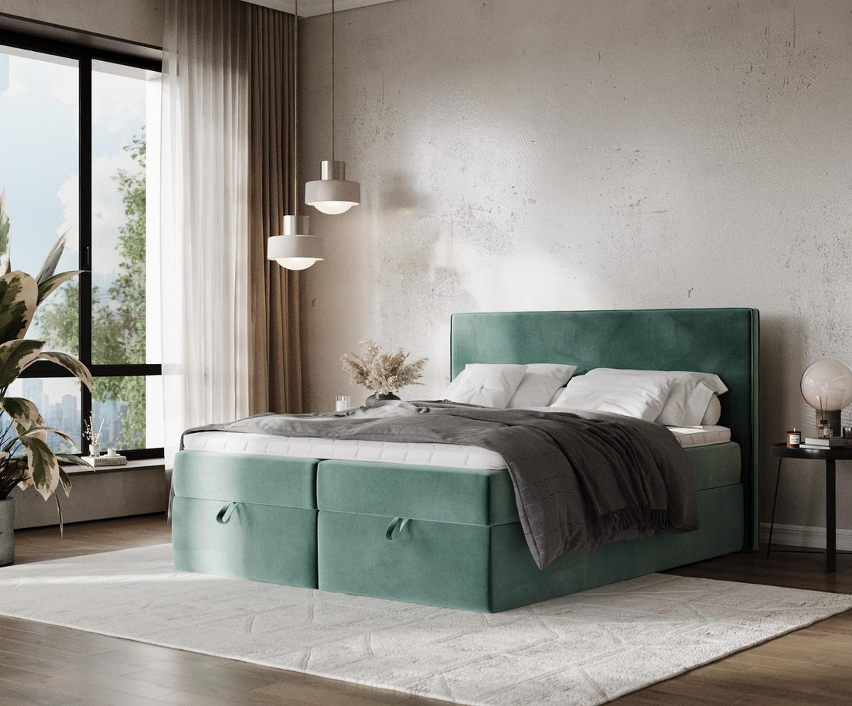 BOXBETT Velma 160/200 cm Türkis im Kronos Stoff - Türkis/Schwarz, Holz/Holzwerkstoff (160/200cm) - AltaBeds