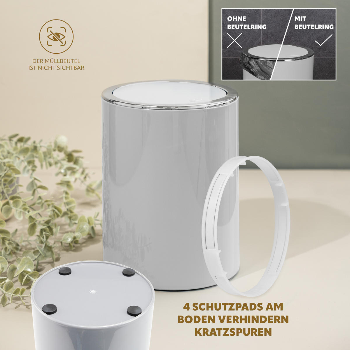 KOSMETIKEIMER SAVONA 5,5 Liter, grau - Hellgrau, Kunststoff (19/24.5/19cm) - bremermann