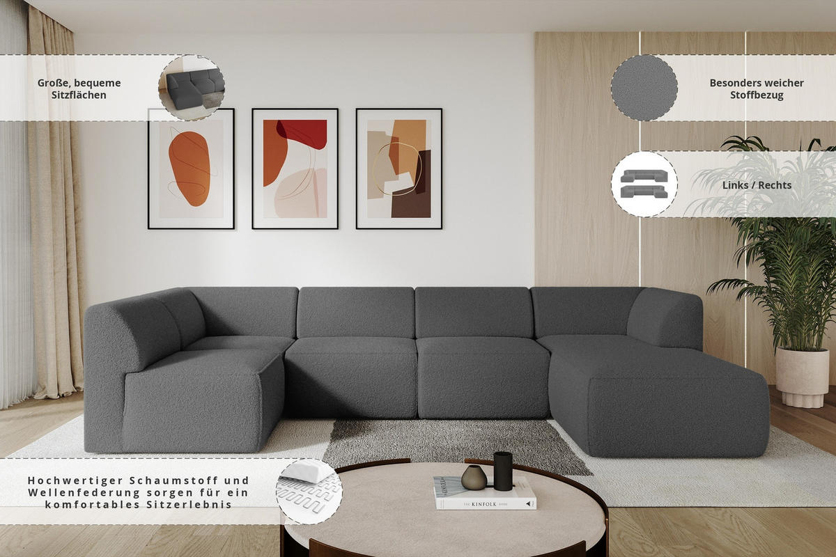 WOHNLANDSCHAFT Ottomane Rechts MOVO-L 345x180x78 cm Grau Bouclé - Schieferfarben/Schwarz, Holzwerkstoff/Kunststoff (345/78/180cm) - ALTDECOR
