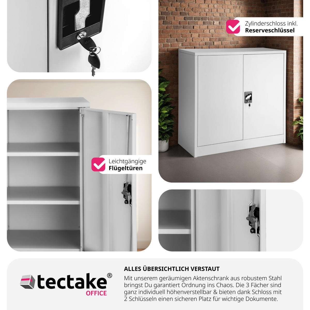 AKTENSCHRANK ,90 x 40 x 90 cm,grau - Grau, Metall (40/90/90cm) - tectake