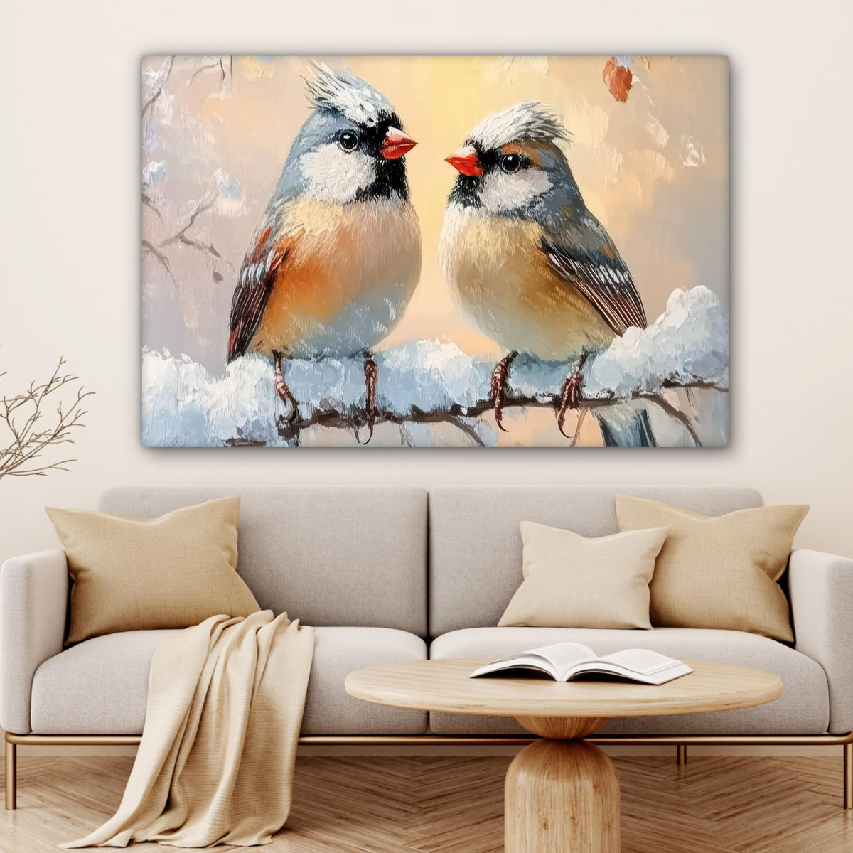 LEINWANDBILD Vögel - Zweig - Winter - Schnee XXL 150x100 cm - Pastellblau, Textil (150/100cm) - MuchoWow