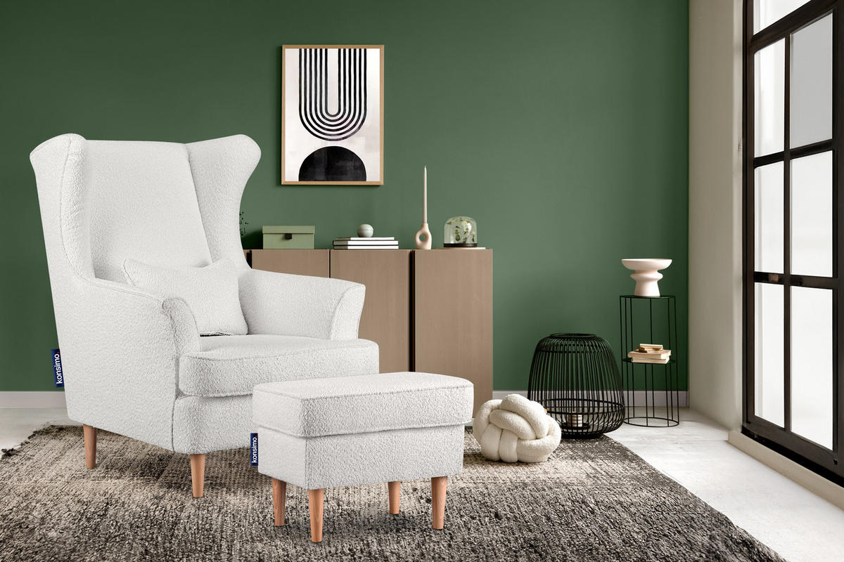 OHRENSESSEL STRALIS mit Sitzhocker, Weiss - Weiß, Textil (82/108/80cm) - KONSIMO®