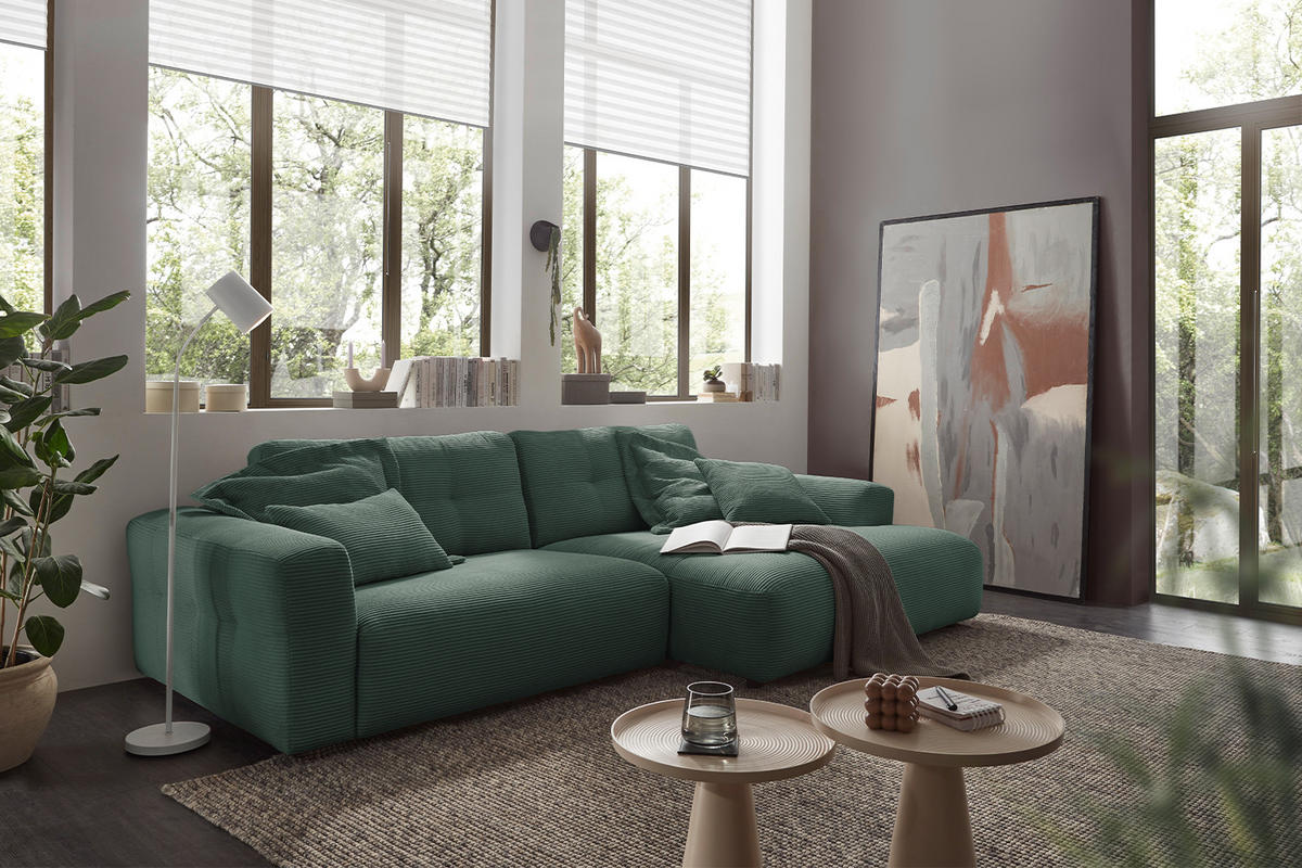 ECKSOFA XL MIKA Smaragdgrün Cord - Smaragdgrün/Schwarz, Kunststoff/Textil (296/167cm) - KAWOLA
