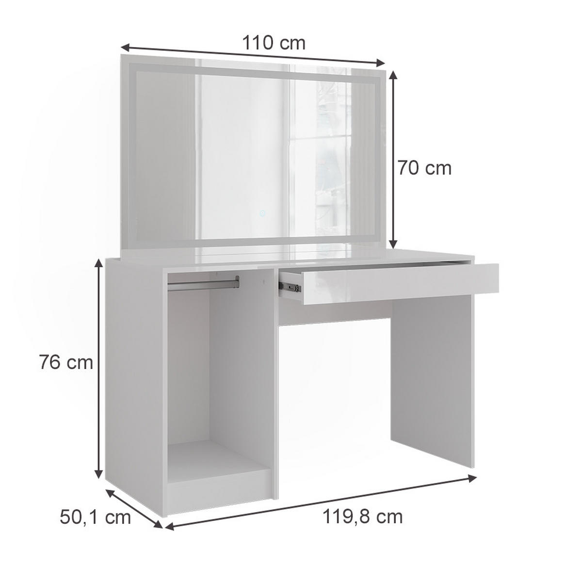 SCHMINKTISCH Sherry Weiß/Weiß Hochglanz 119.8 cm mit LED-Spiegel - Weiß Hochglanz, Holzwerkstoff (119.8/76/50.1cm) - Vicco