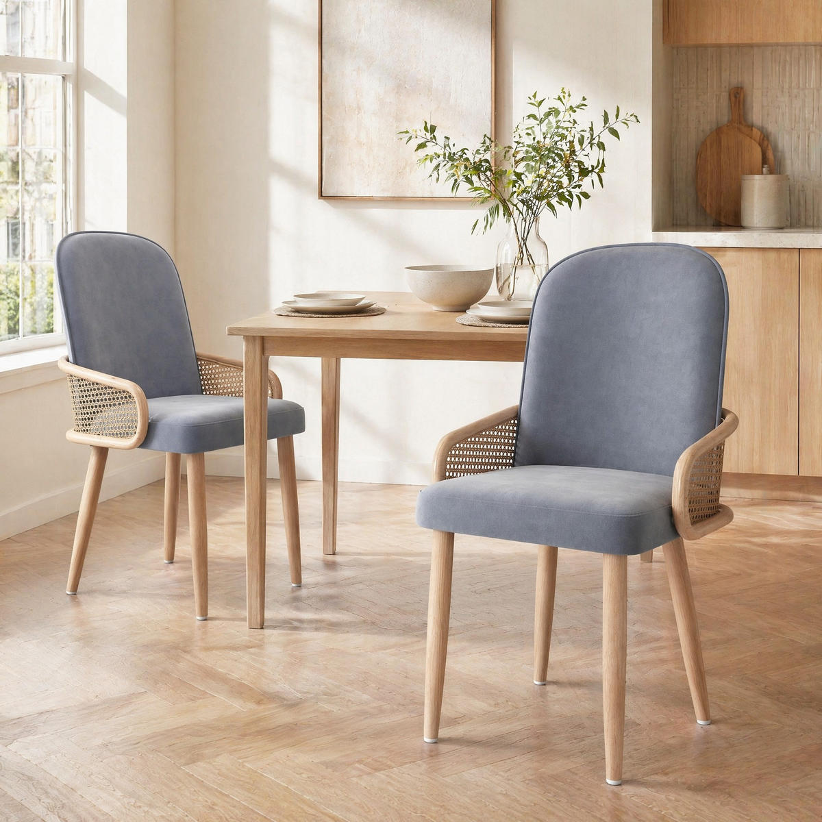 ESSZIMMERSTUHL 2er-Set Grau mit Rattan-Design - Grau, Textil (45/90/43cm) - MIVRAY