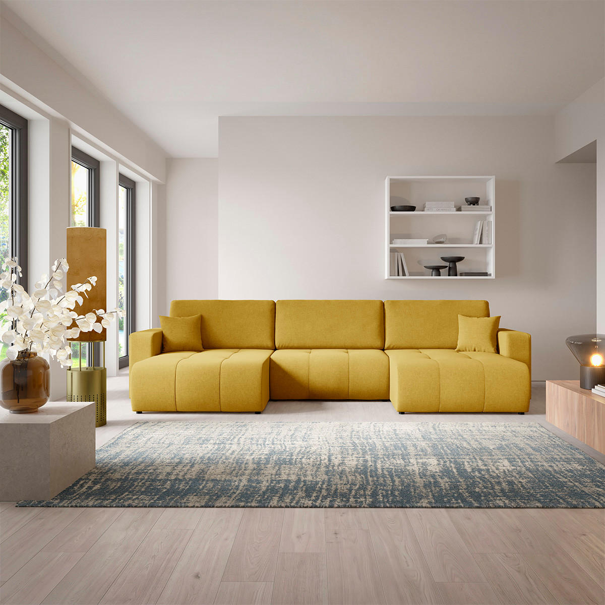 PANORAMASOFA Giulia 5 Sitzplätze Senfgelb - Gelb, Holz (344/82/149cm) - Petits-meubles