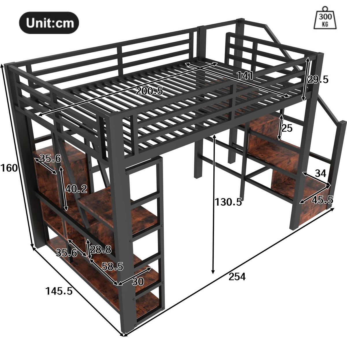 HOCHBETT aus Metall und MDF 140x200 cm in Schwarz mit LED & Stauraum - Rosa, Metall (140/200cm) - Modfu
