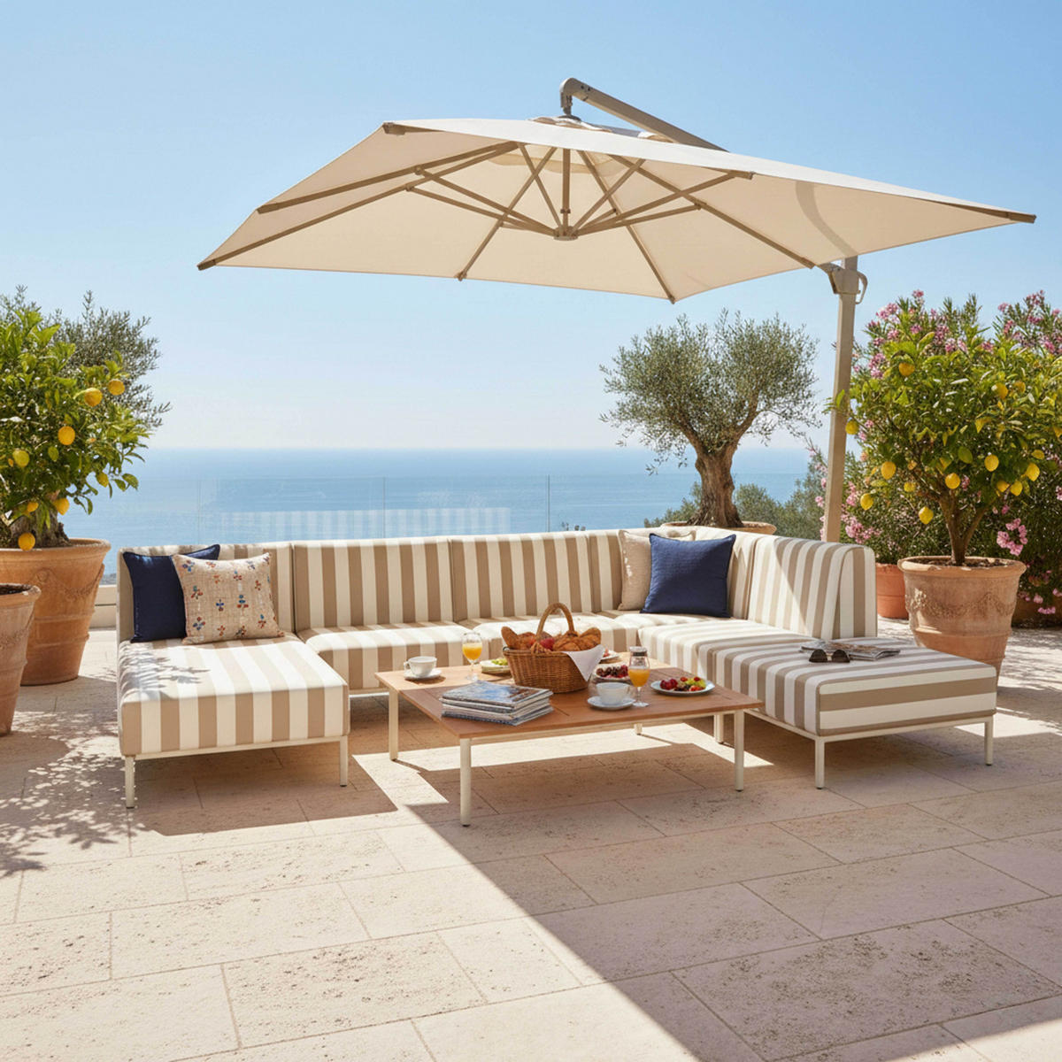 GARTENSOFA mit 6 Sitzplätzen, Beige - Beige, Metall - Oviala