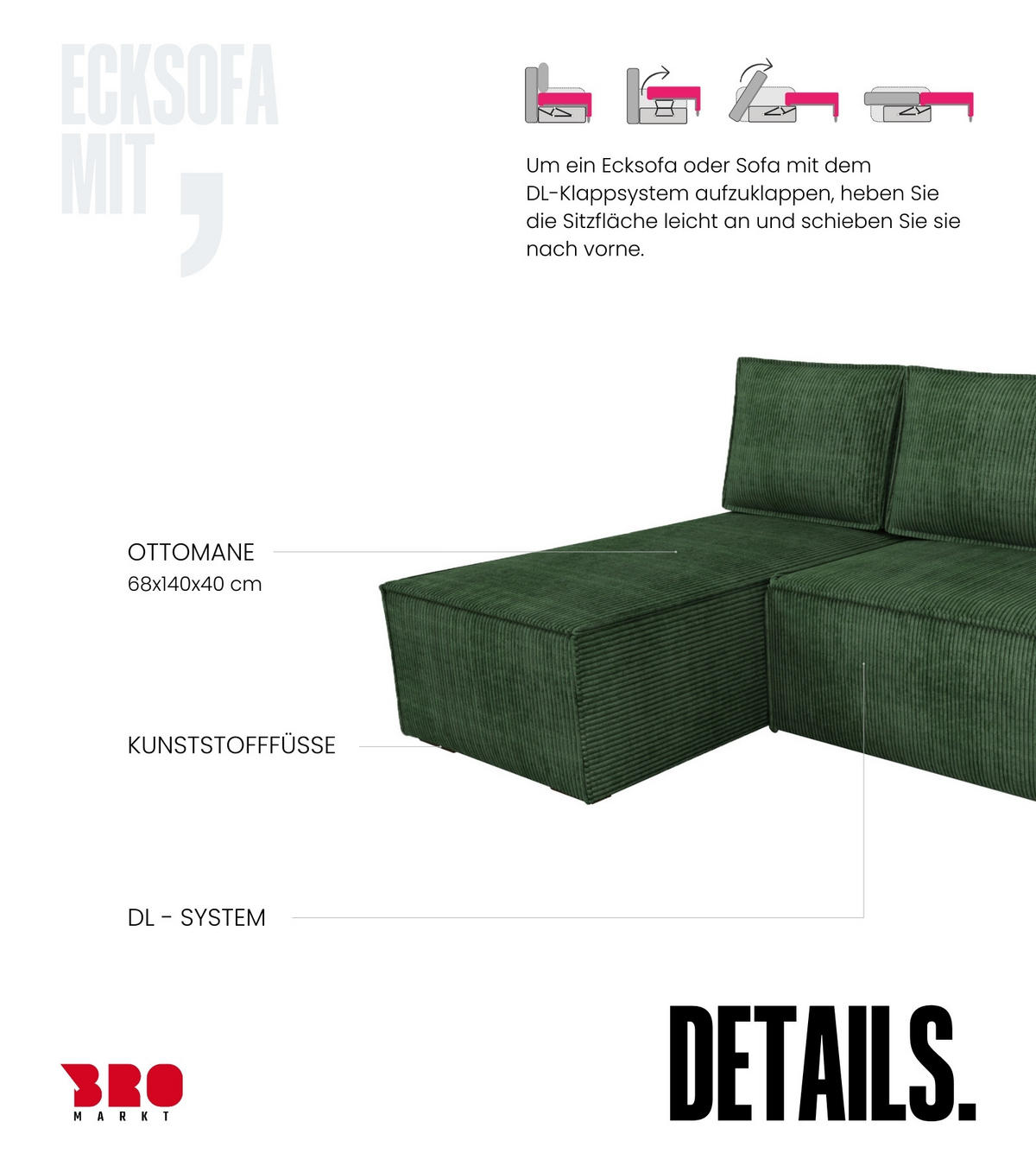 ECKSOFA Hector mit Schlaffunktion Grün Cord - Grün, Textil (200/141cm) - Bromarkt