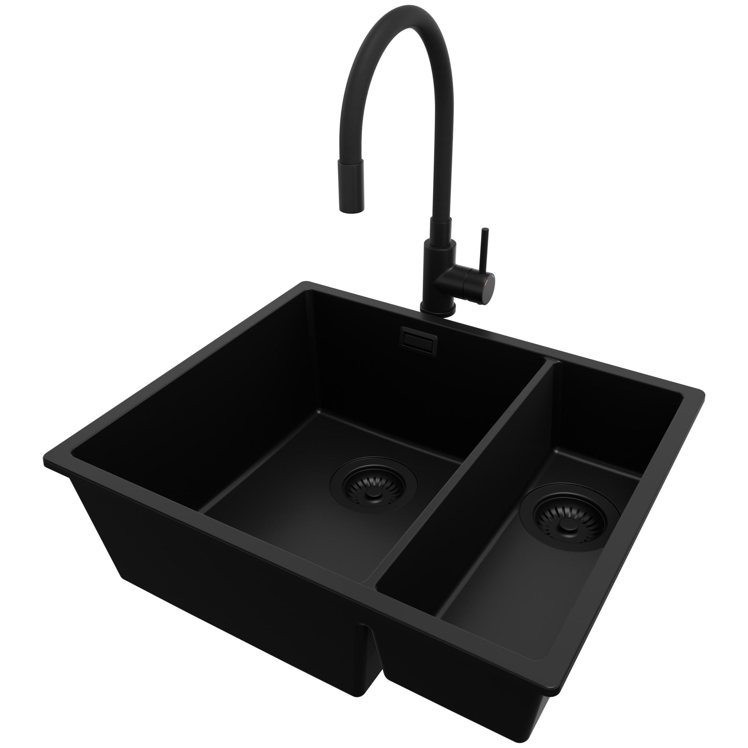 GRANITSPÜLE London Slim Duo, 2-er set Alles Schwarz 56/47 cm 1,5 Becken + Küchenarmatur 40/38 cm + Ablauf-Set ab 60er Unterschrank - Schwarz, Kunststoff (56/20/47cm) - Primagran