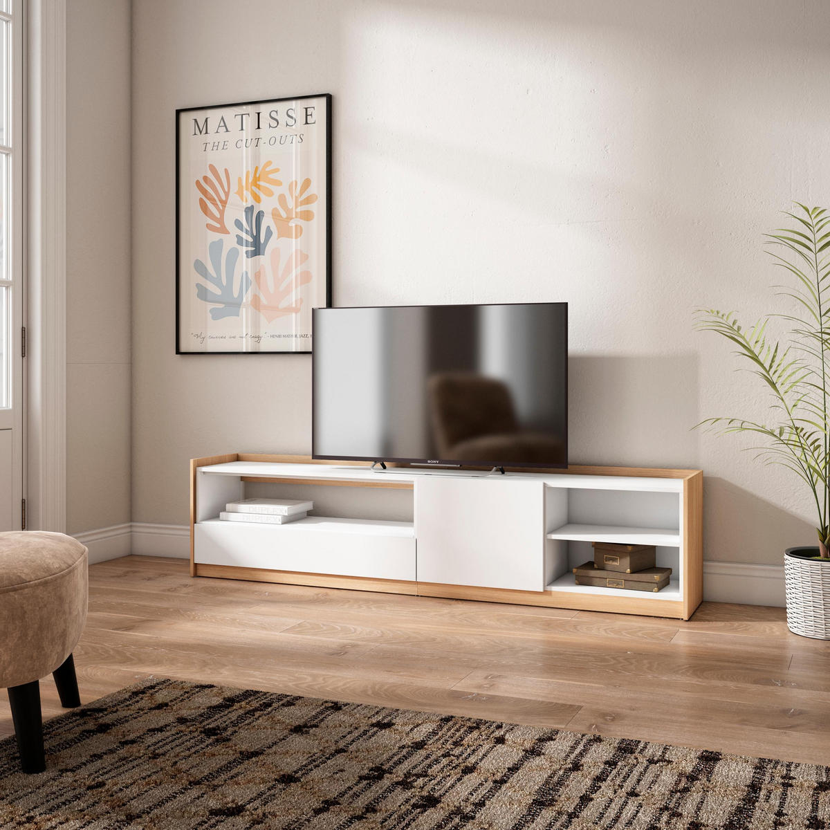 TV-SCHRANK, Lowboard, Weiß und Eiche Soft, 207/37/50cm - Weiß, Holzwerkstoff (207/50/37cm) - Skraut Home