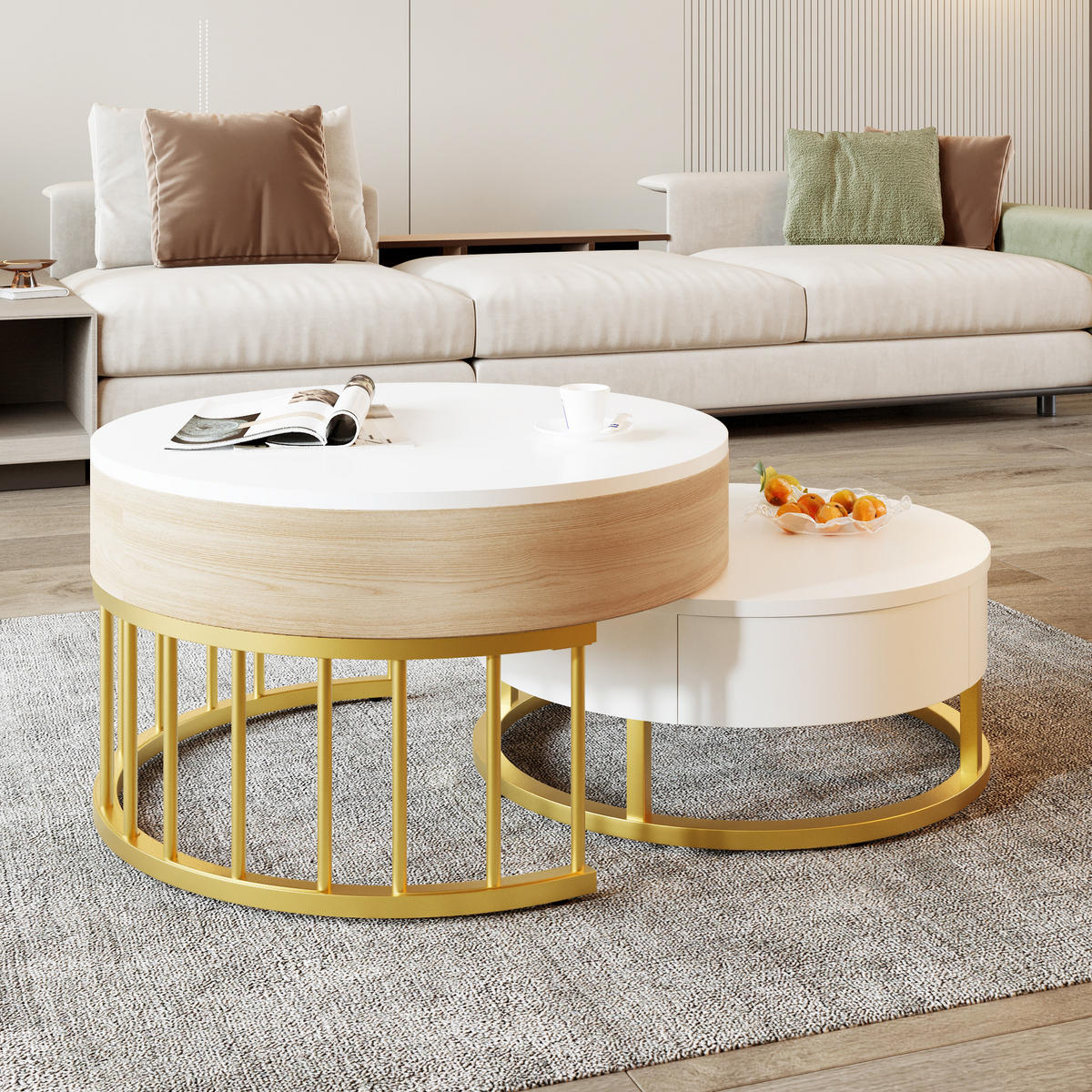 COUCHTISCH rund höhenverstellbar Goldgestell - Weiß, Holz (70/70/56cm) - LEBENLANG